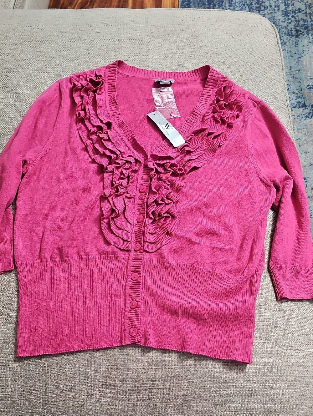 Worthington Hot Pink Ruffled V‑Neck Cardigan Size Large NWT